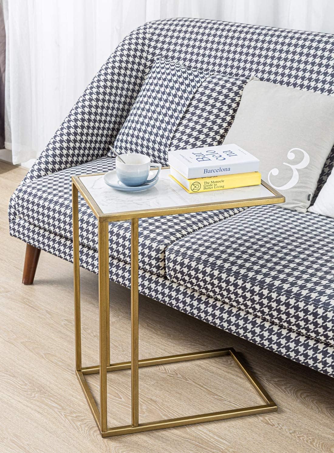 Marble Side Couch Table Gold Rectangle Tables for Small Spaces Coffee Table, Modern Accent Tables Narrow End Table for Living Room, Bedroom Slide Under Sofa Tables - 19" L x 12" W x 24" H