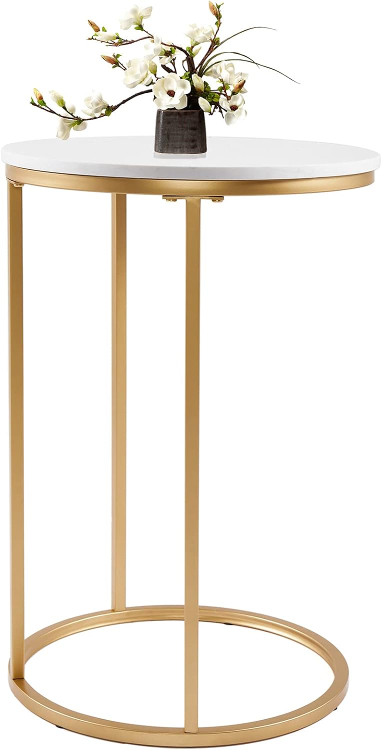 Marble Side Couch Table Gold Rectangle Tables for Small Spaces Coffee Table, Modern Accent Tables Narrow End Table for Living Room, Bedroom Slide Under Sofa Tables - 19" L x 12" W x 24" H