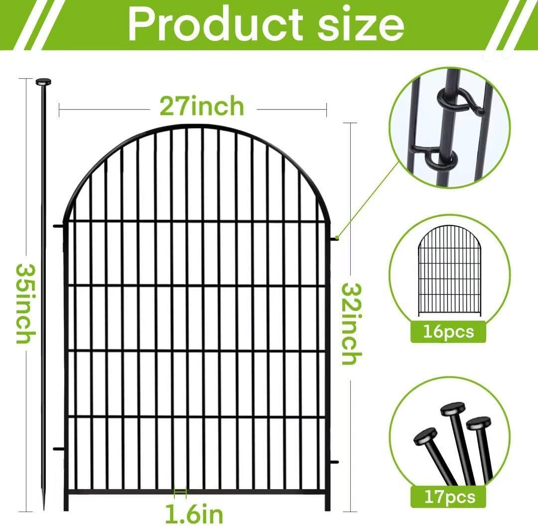 ADAVIN Garden Fence Animal Barrier with Gate 32 in(H)×35 Ft(L) 16 Panels,Rustproof Metal Wire Tall Fencing Border for Dogs Rabbits,Outdoor no dig pet Fences,Black Flower Edging for Yard,Arched