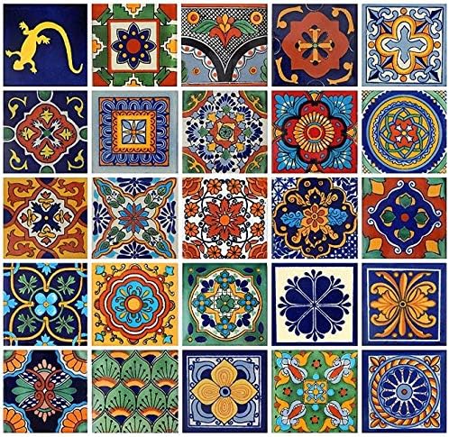 COLOR Y TRADICIN 25 Mixed Color Mexican Talavera Tiles, 4x4 Square, 25 Pieces, Geometric Pattern, Painted Finish, Not Water Resistant, Perfect for Walls, Countertops, Backsplash