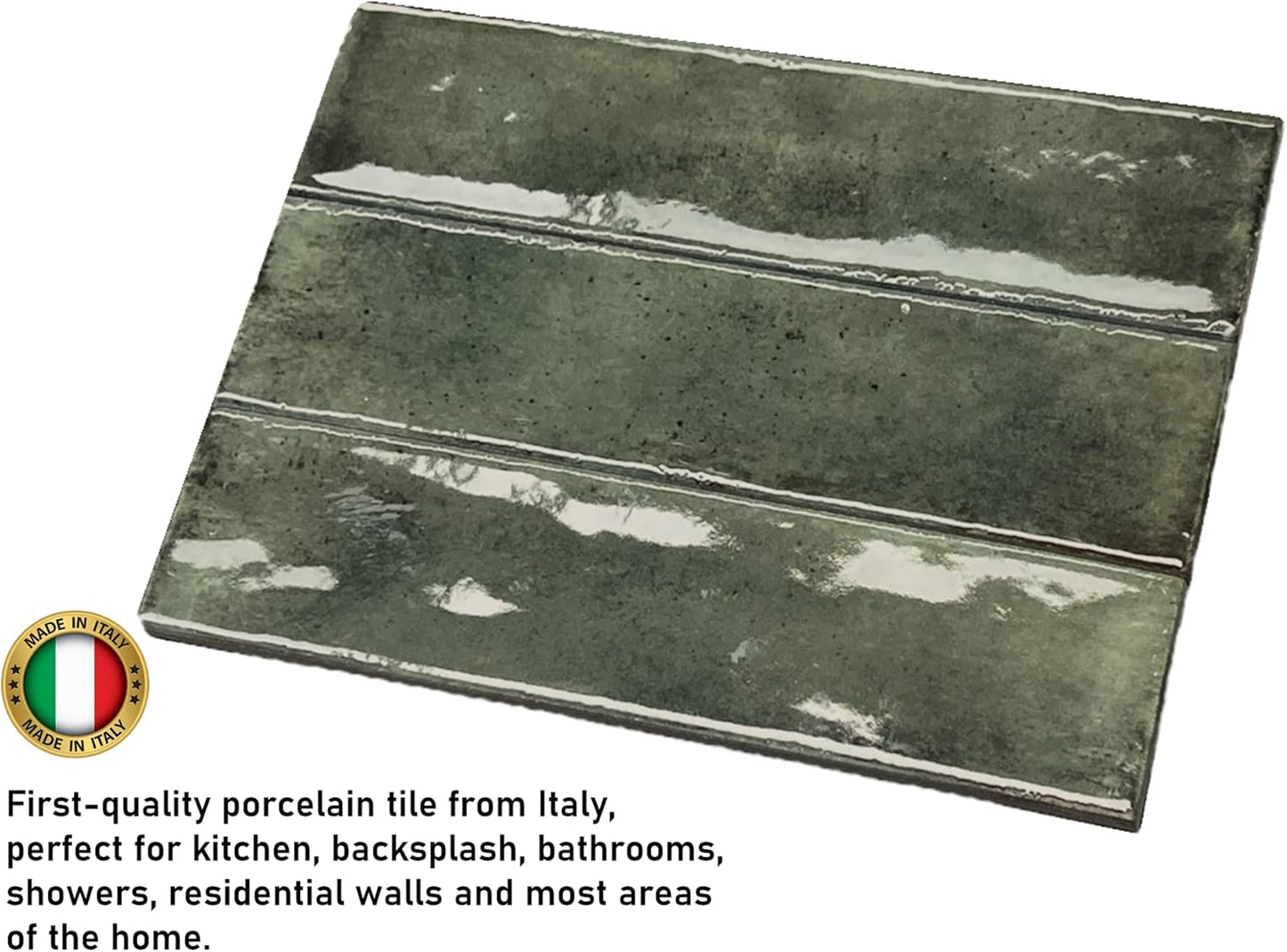 Tenedos Scandiano Handmade Glossy 2.5x10 Subway Porcelain Wall Tile backsplash for Kitchen, Bathroom Shower, Accent Decor, Fireplace (Dark Green, Box of 50 Pieces) (8 Square feet)