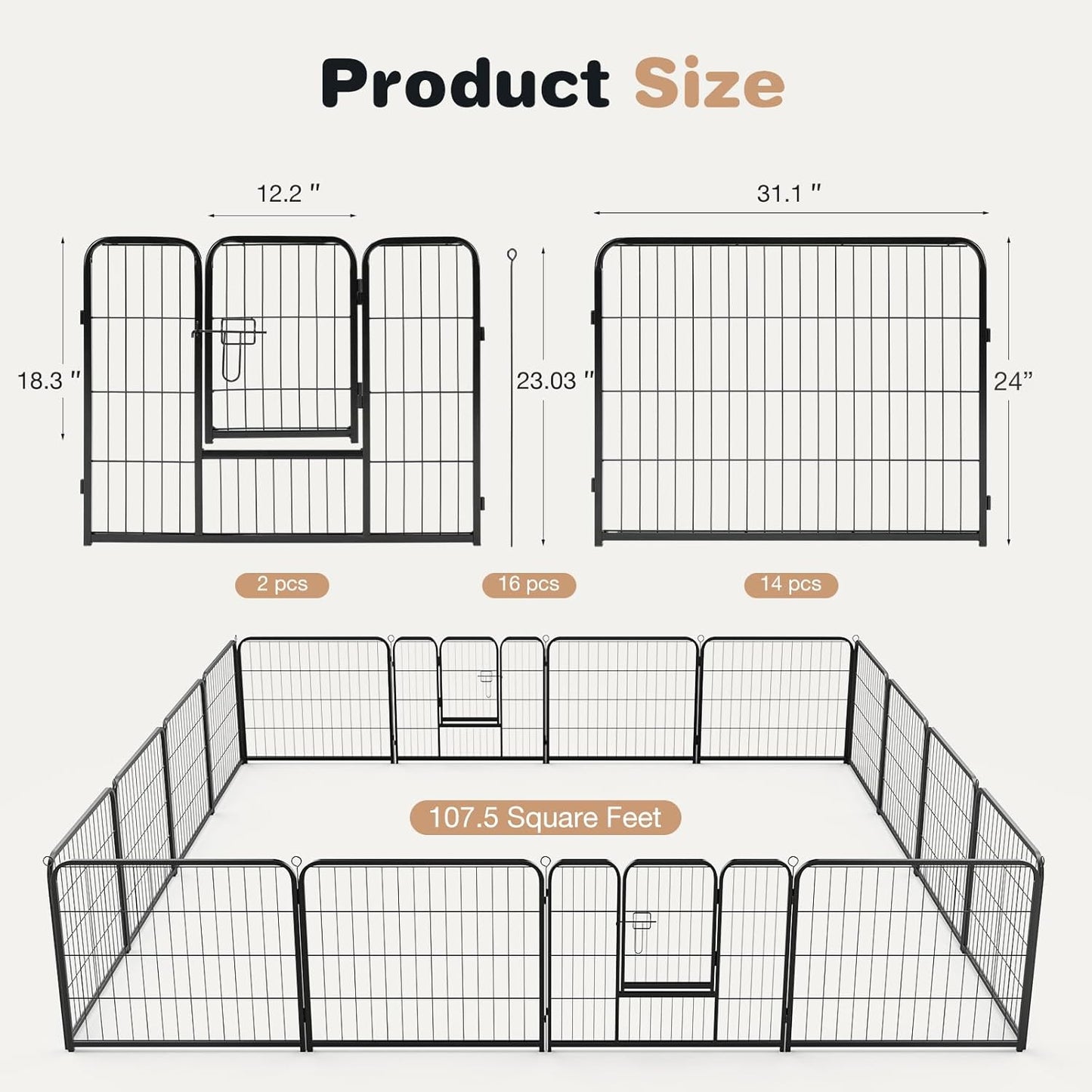 SMUG Heavy-Duty Iron Dog Playpen – 16 Panels 24” Durable, Rust-Resistant Pet Fence for Indoor & Outdoor Use, Secure & Spacious Pet Play Area for Dogs, Puppies & Small Animals