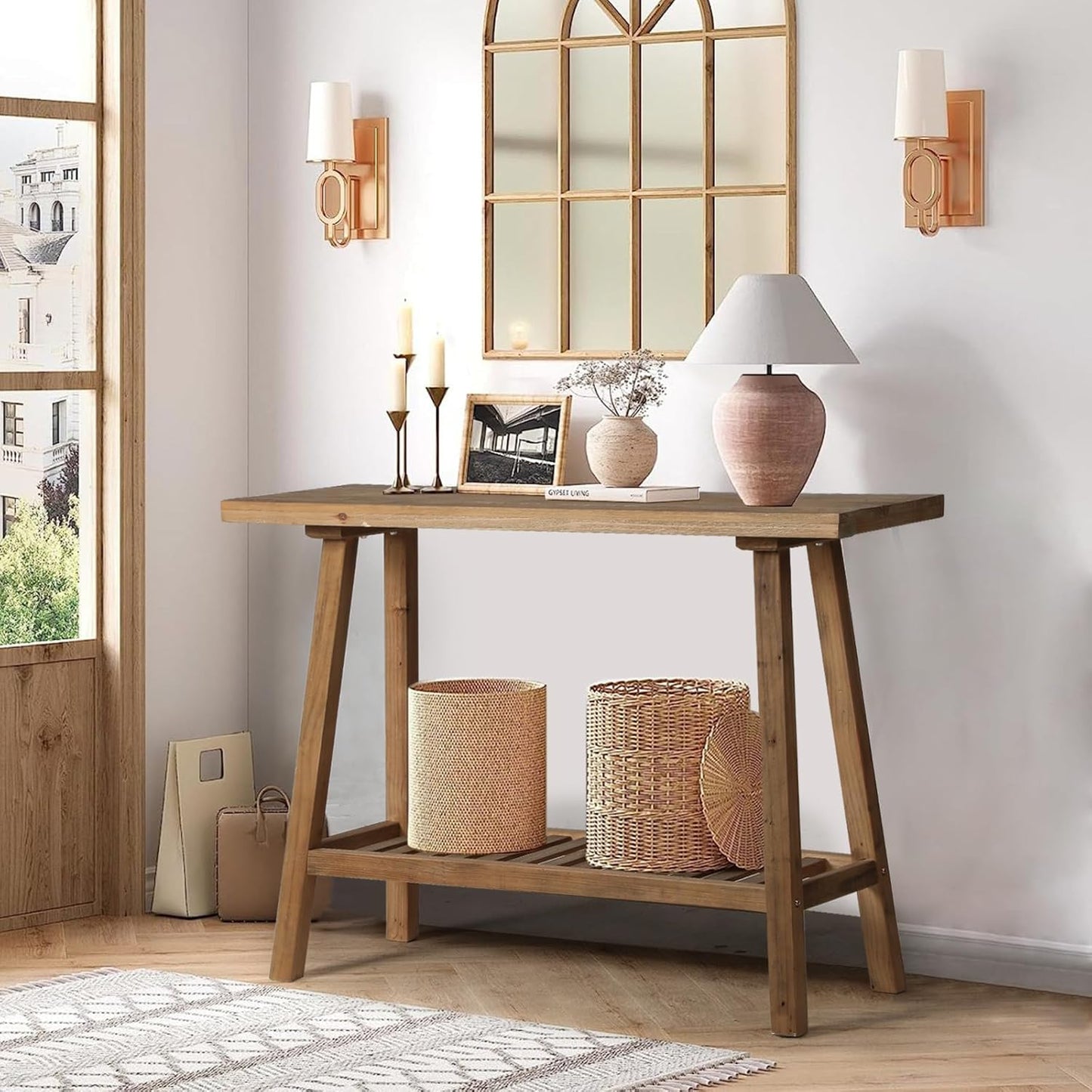 Reclaimed Solid Wood Console Table, 59" Long Farmhouse Entryway Tables, Rectangular Couch Table Behind Sofa, 2 Tiers Accent Tables for Hallway, Entrance, Foyer, Living Room
