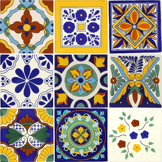 Tile Set of 9 Individual 6x6 Mixed Ceramic Talavera Mexican Tiles