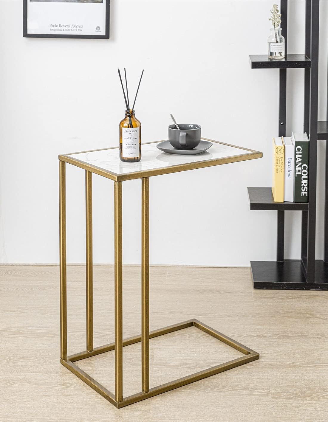Marble Side Couch Table Gold Rectangle Tables for Small Spaces Coffee Table, Modern Accent Tables Narrow End Table for Living Room, Bedroom Slide Under Sofa Tables - 19" L x 12" W x 24" H