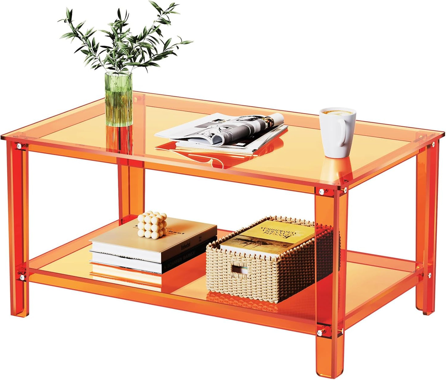 Acrylic Coffee Table with Storage Shelf,Rectangle Living Room 2-Tier Center Table for Small Spaces (Rectangle, Pink, Nomal)