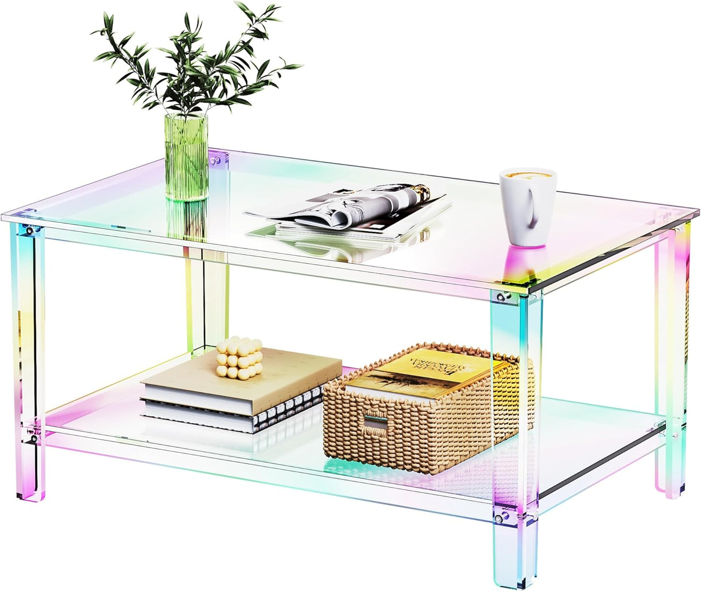 Acrylic Coffee Table with Storage Shelf,Rectangle Living Room 2-Tier Center Table for Small Spaces (Rectangle, Pink, Nomal)