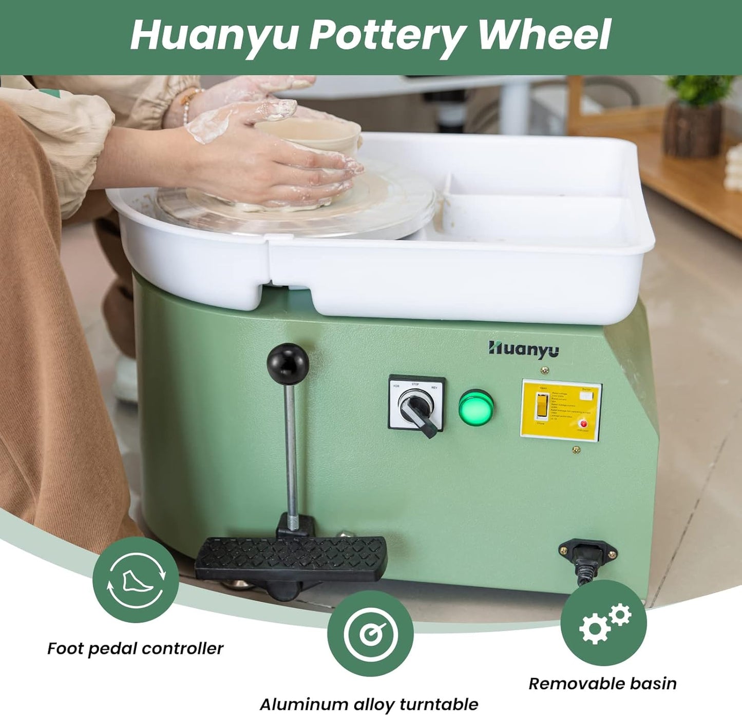 Huanyu Pottery Wheel Ceramic Machine 10" with Foot Pedal, Electric Pottery Machine with Detachable Basin for Beginner Potters Adults
