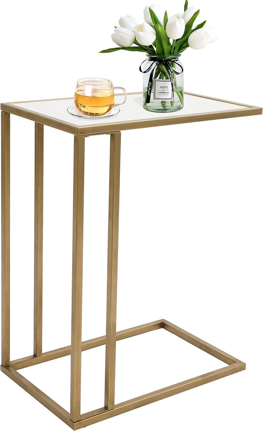Marble Side Couch Table Gold Rectangle Tables for Small Spaces Coffee Table, Modern Accent Tables Narrow End Table for Living Room, Bedroom Slide Under Sofa Tables - 19" L x 12" W x 24" H