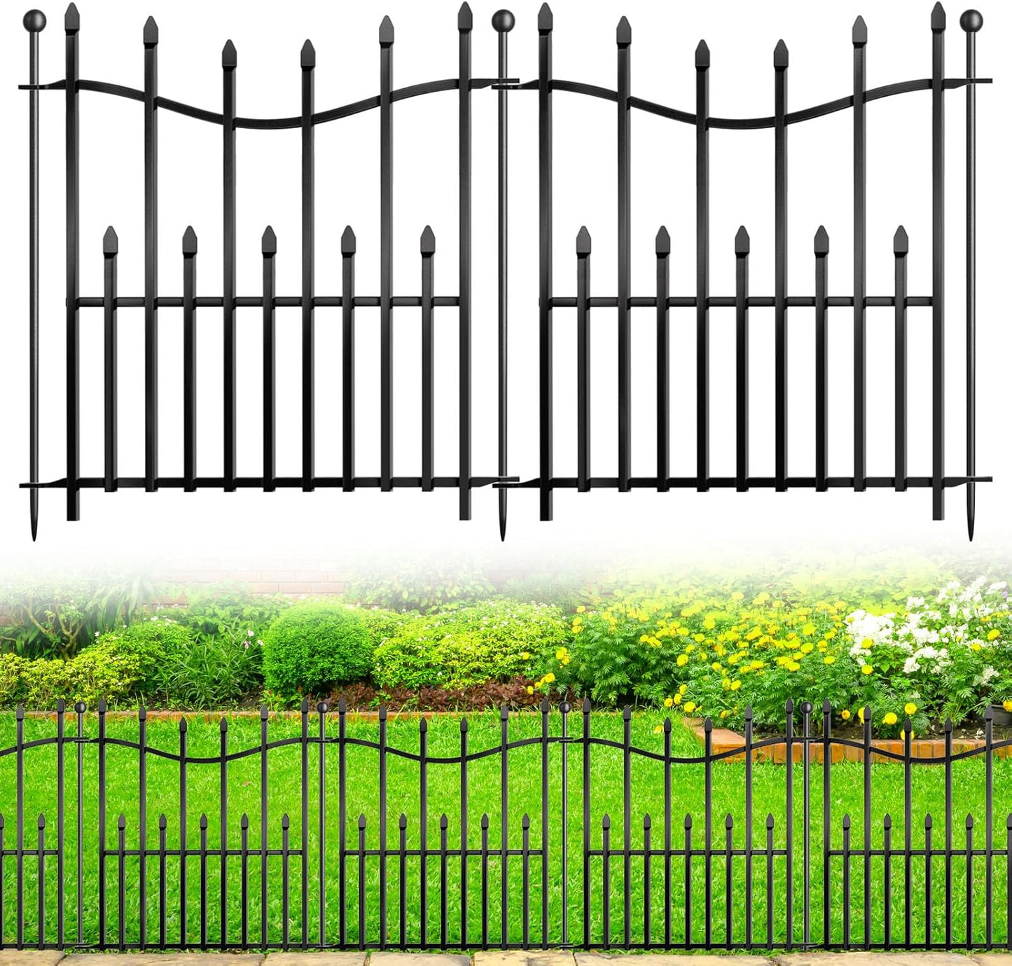 10 Panels No Dig Decorative Garden Fence, 32in(H)×22ft(L) Heavy-Duty Rustproof Metal Panels, Outdoor Dog Barrier for Yard & Patio, Landscape, Border| Portable Temporary Fencing