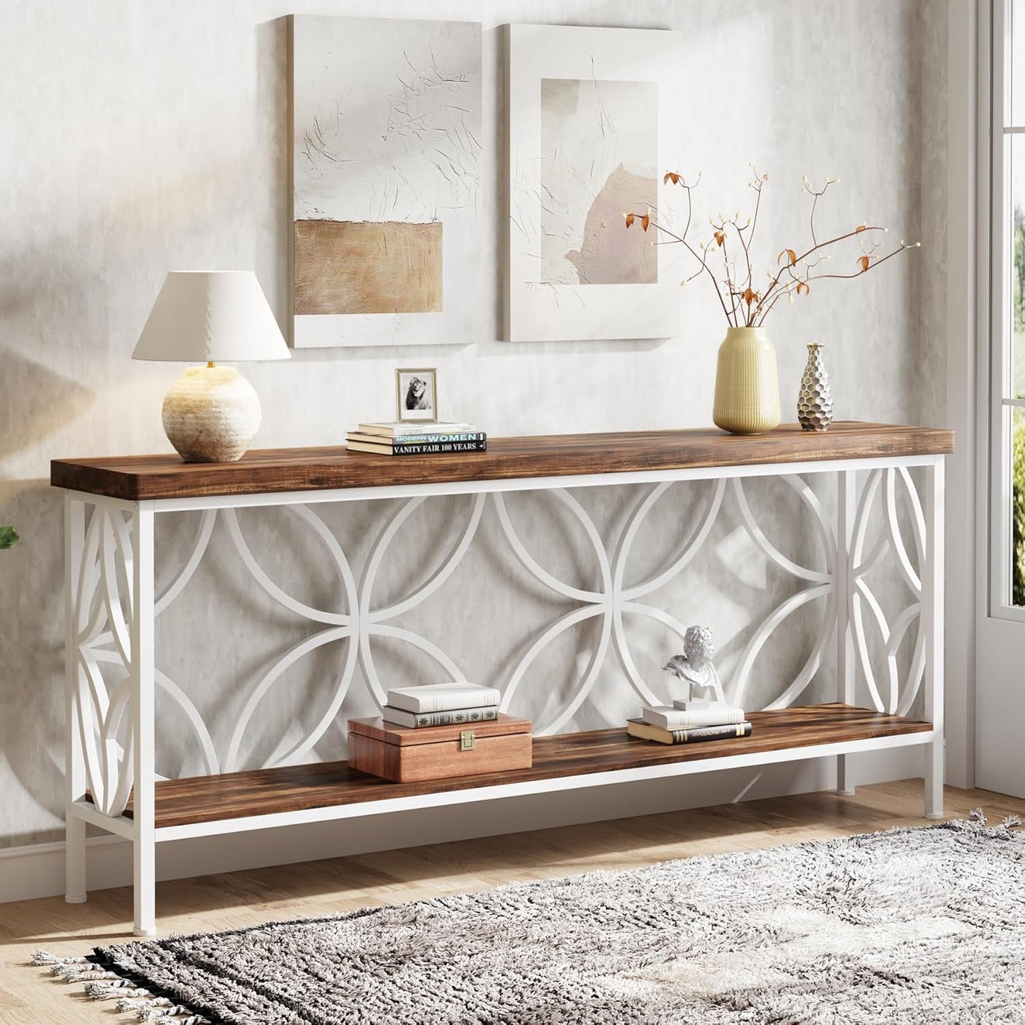 Tribesigns 70.9-Inch Narrow Sofa Table, Industrial Long Sofa Table Behind Couch, Entry Console Table with Storage for Entryway, Living Room, Foyer, Unique Design, Walnut/White