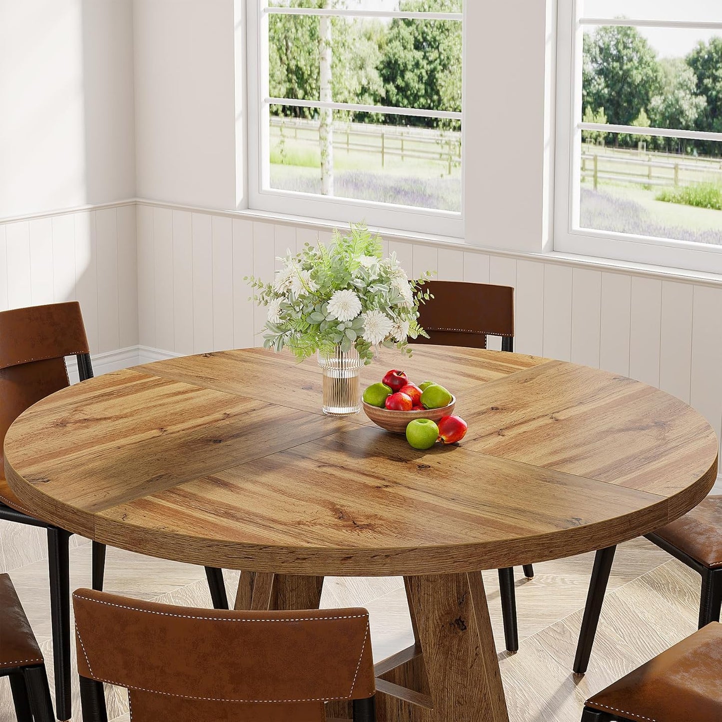 Tribesigns Round Dining Table Wood Kitchen Table for Dining Room, 47" Dinning Room Tables for 4 Adult, Farmhouse Dinner Table with Wooden Tabletop and Cross Base, Burlywood