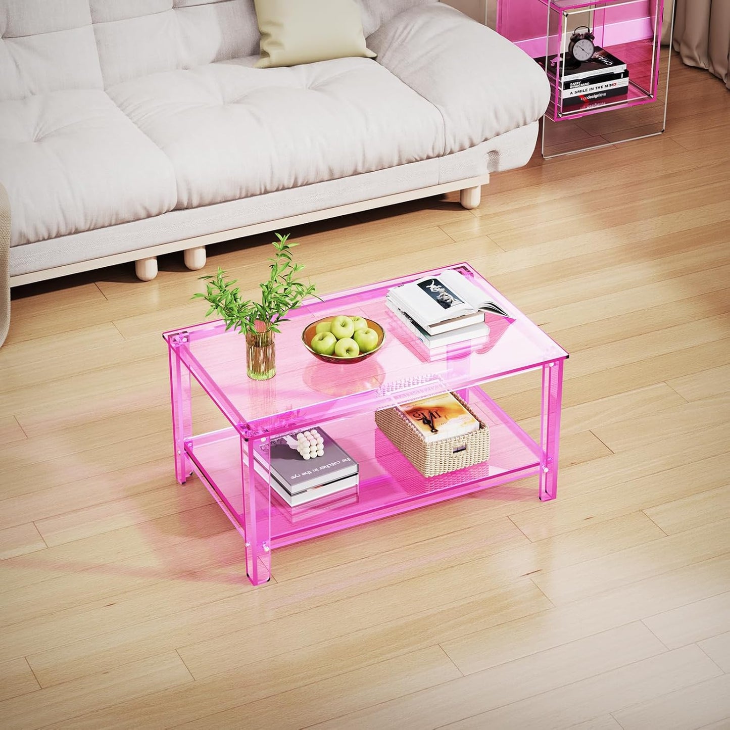 Acrylic Coffee Table with Storage Shelf,Rectangle Living Room 2-Tier Center Table for Small Spaces (Rectangle, Pink, Nomal)