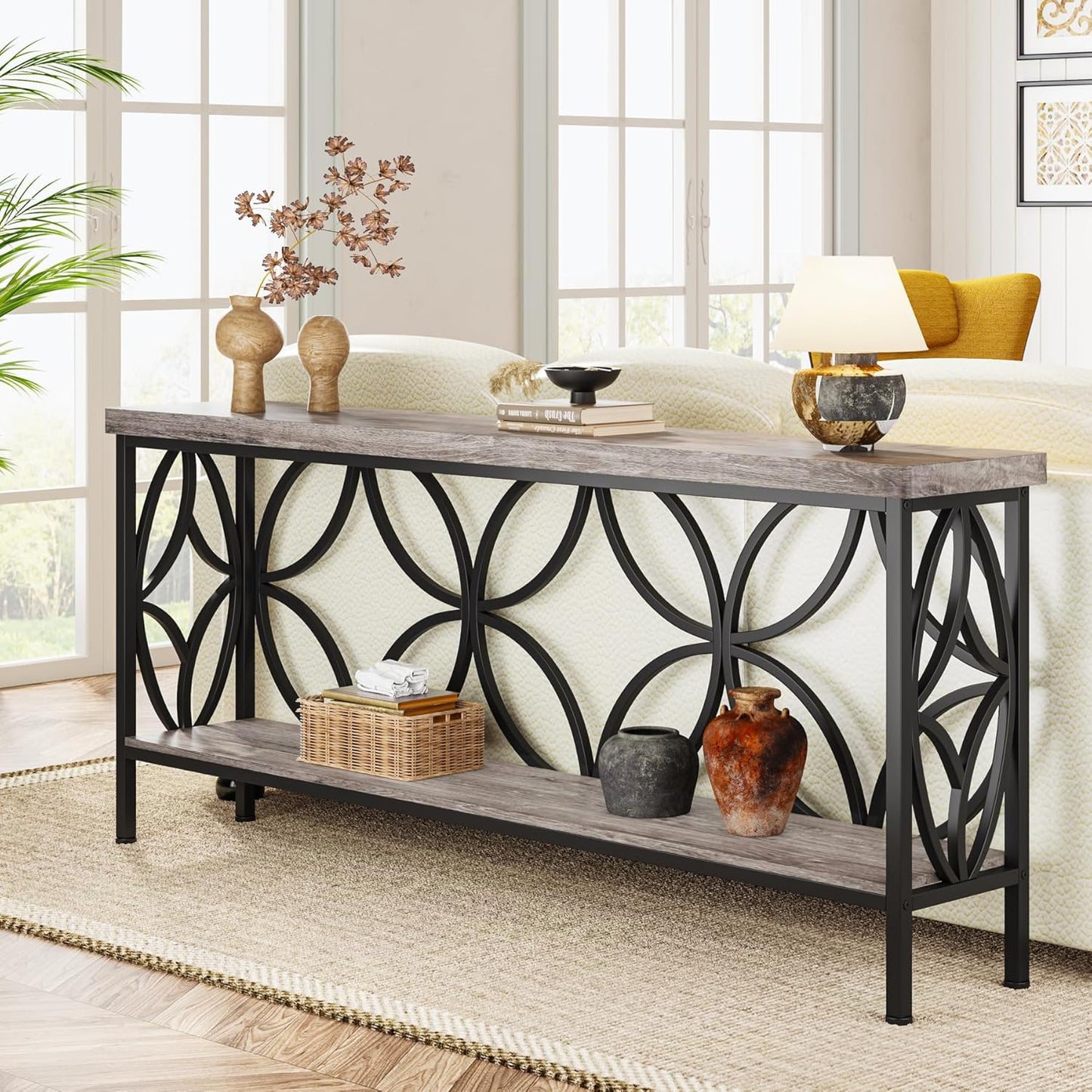 Tribesigns 70.9-Inch Narrow Sofa Table, Industrial Long Sofa Table Behind Couch, Entry Console Table with Storage for Entryway, Living Room, Foyer, Unique Design, Walnut/White