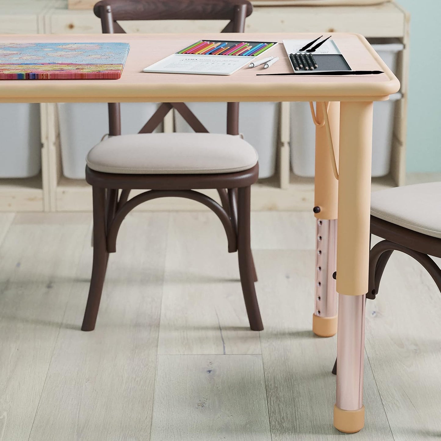 EMMA + OLIVER Adjustable Kids Activity Table for Home Use, Height-Adjustable Classroom Table for Kids, 23.625" W x 47.25" D x 14.5-23.5" H, Natural