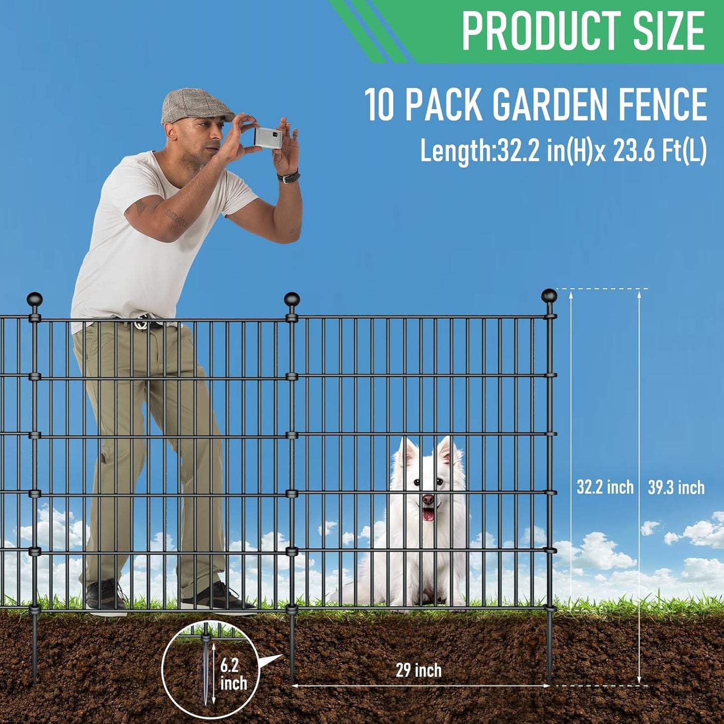 10 Panels Garden Fence Dog Fence Outdoor for Yard,32in H x 23.6ft L Rustproof Metal Fencing with Ground Stakes|No Dig Temporary Animal Proof Containment for Pets/Rabbits|Durable Patio Security Panels
