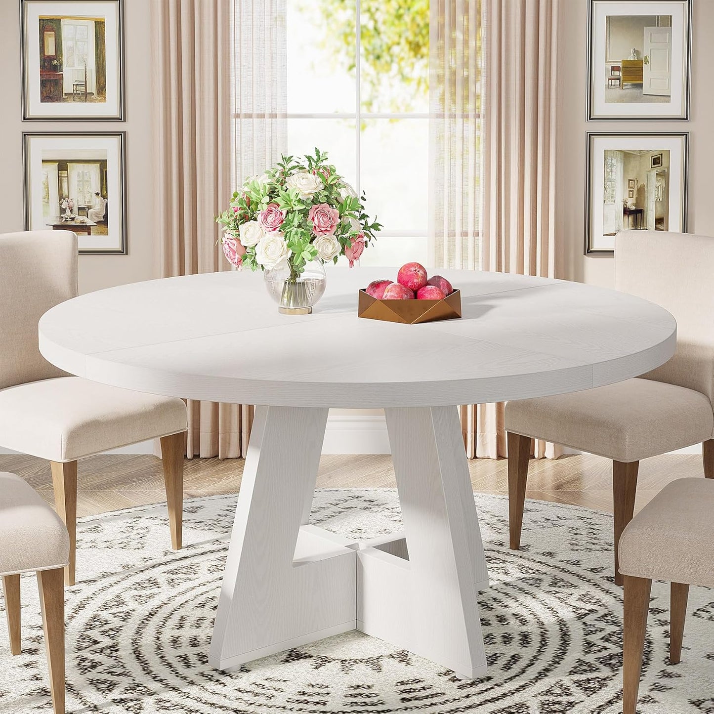 Tribesigns Round Dining Table Wood Kitchen Table for Dining Room, 47" Dinning Room Tables for 4 Adult, Farmhouse Dinner Table with Wooden Tabletop and Cross Base, Burlywood