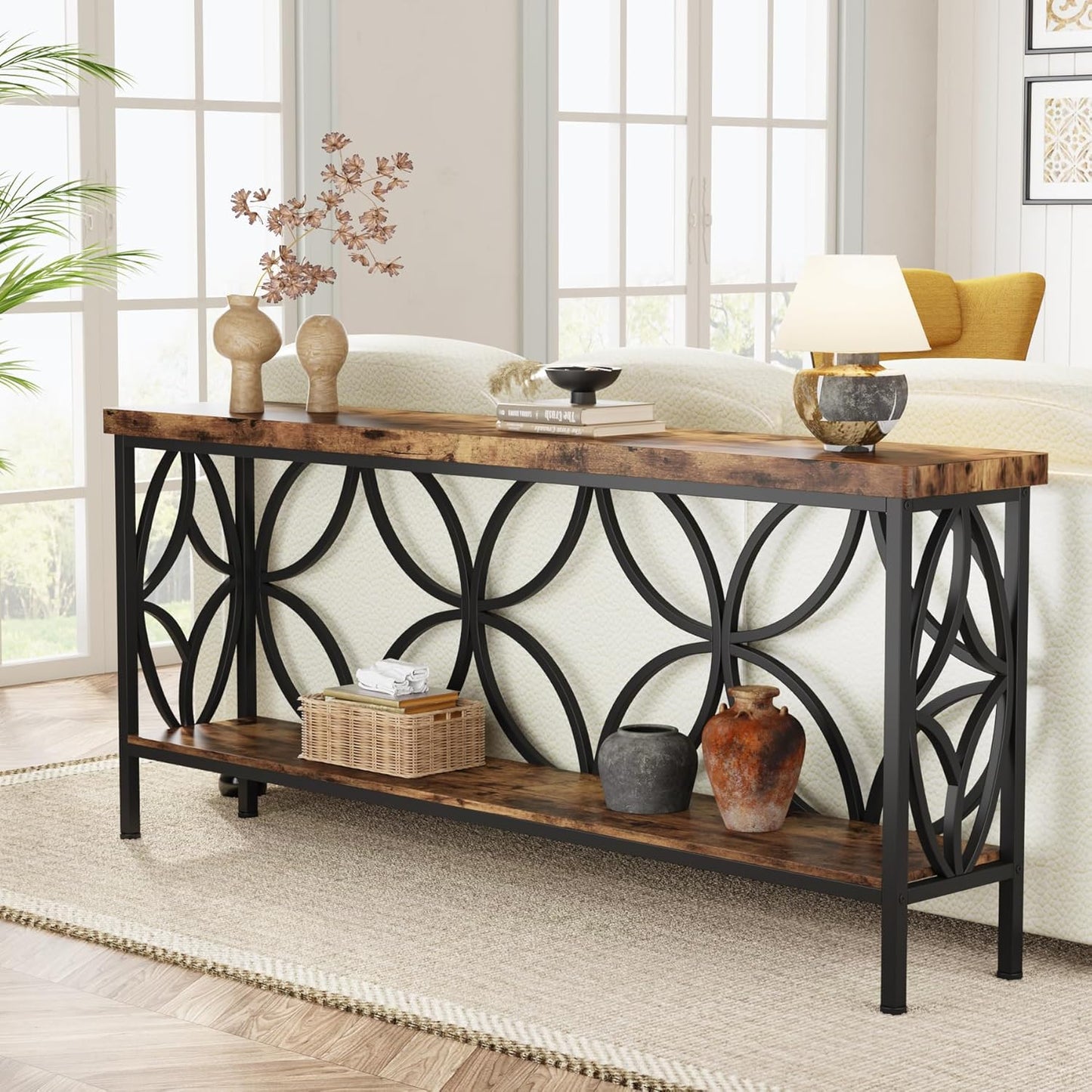 Tribesigns 70.9-Inch Narrow Sofa Table, Industrial Long Sofa Table Behind Couch, Entry Console Table with Storage for Entryway, Living Room, Foyer, Unique Design, Walnut/White