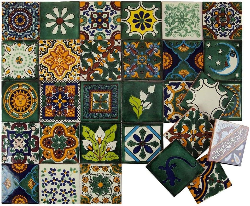 Mexican Ceramic Tiles 4x4 - Verde by Cerames - 30 Decorative Mexican Mosaic Tiles for Bathroom, Kitchen, Shower, Stairs, Living Room, Kitchen backsplash | Mexican Tiles backsplash Talavera