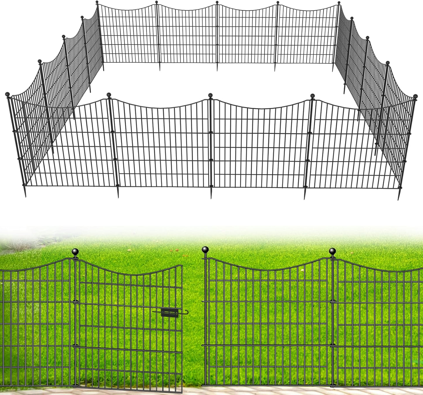 10 Panels Decorative Garden Fence with Gate, 32 in(H) X 23.6 ft(L) No Dig Dog Fence Animal Barrier Outdoor for Yard, Rustproof Metal Garden Edging and Borders, Temporary Fencing Stakes
