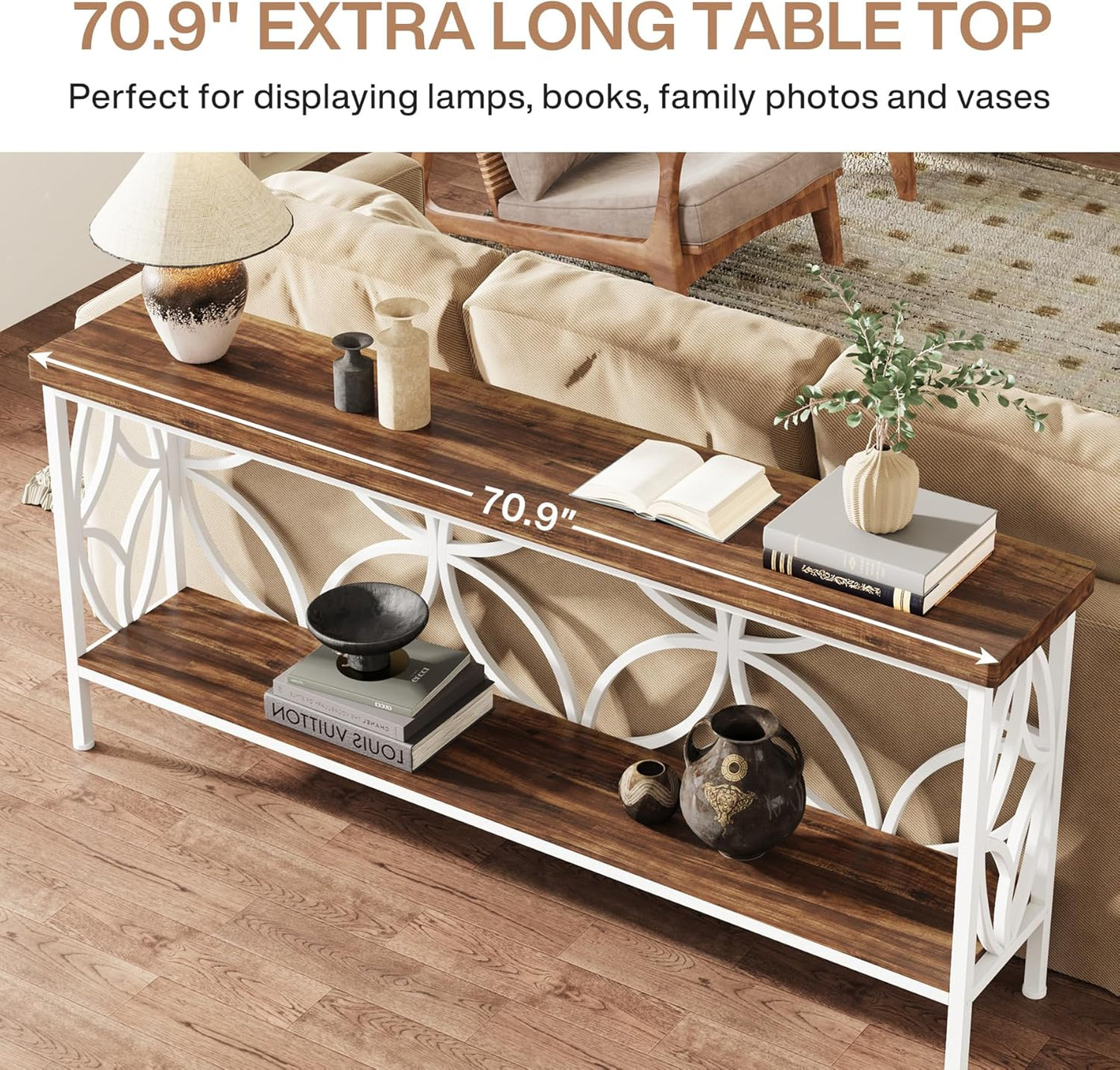 Tribesigns 70.9-Inch Narrow Sofa Table, Industrial Long Sofa Table Behind Couch, Entry Console Table with Storage for Entryway, Living Room, Foyer, Unique Design, Walnut/White