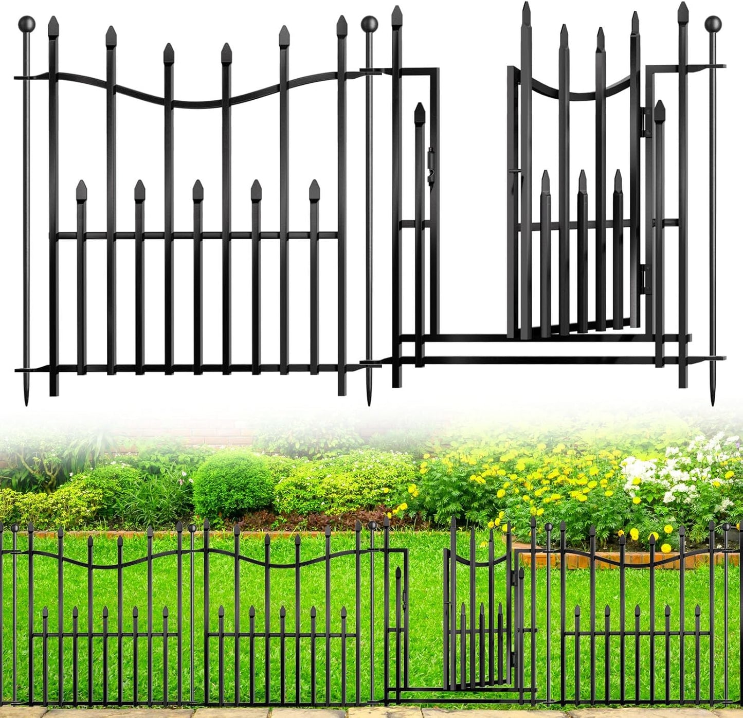 10 Panels No Dig Decorative Garden Fence, 32in(H)×22ft(L) Heavy-Duty Rustproof Metal Panels, Outdoor Dog Barrier for Yard & Patio, Landscape, Border| Portable Temporary Fencing