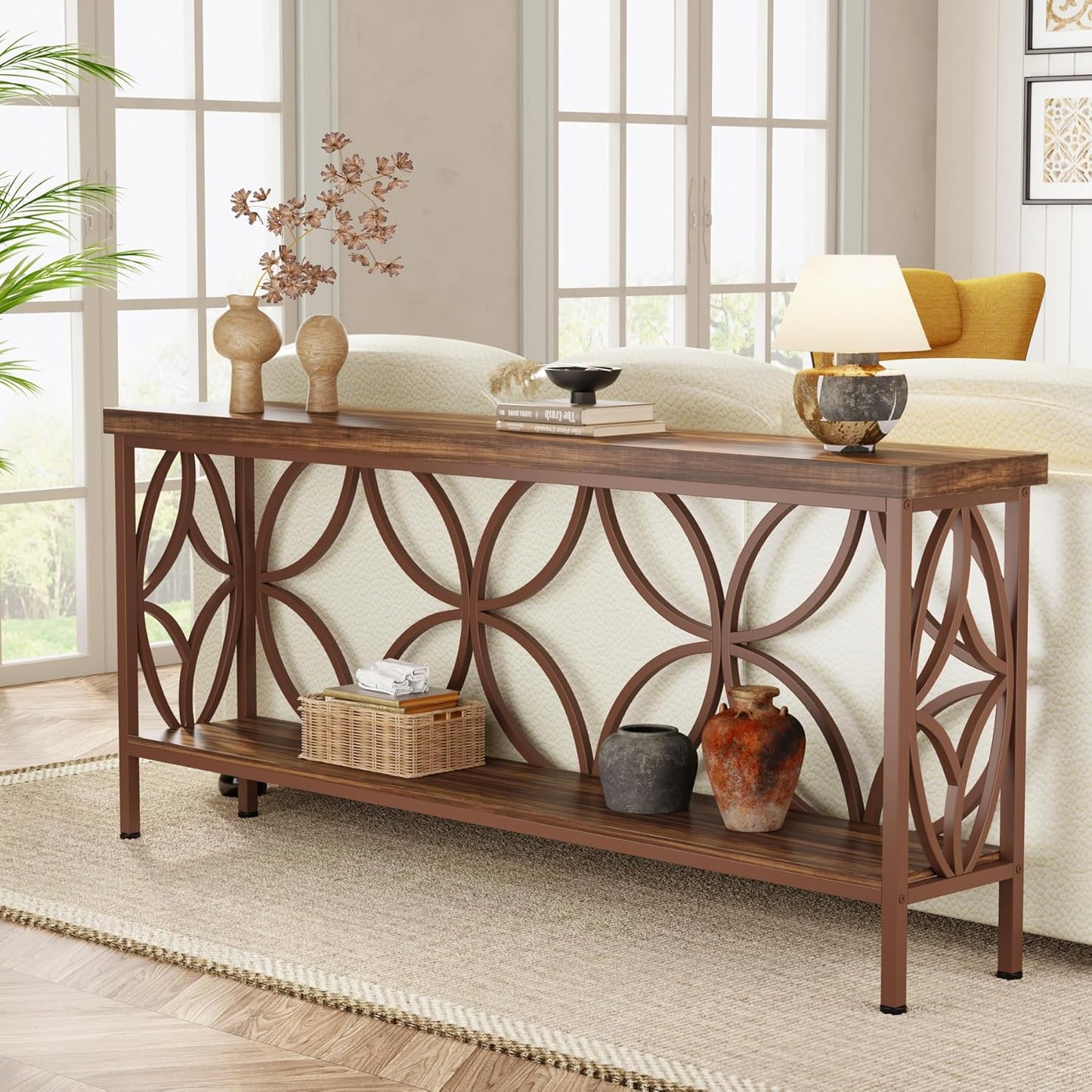 Tribesigns 70.9-Inch Narrow Sofa Table, Industrial Long Sofa Table Behind Couch, Entry Console Table with Storage for Entryway, Living Room, Foyer, Unique Design, Walnut/White