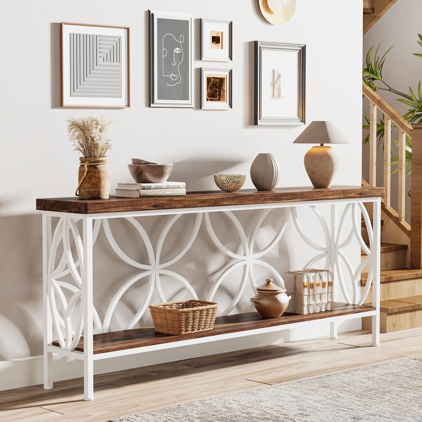 Tribesigns 70.9-Inch Narrow Sofa Table, Industrial Long Sofa Table Behind Couch, Entry Console Table with Storage for Entryway, Living Room, Foyer, Unique Design, Walnut/White