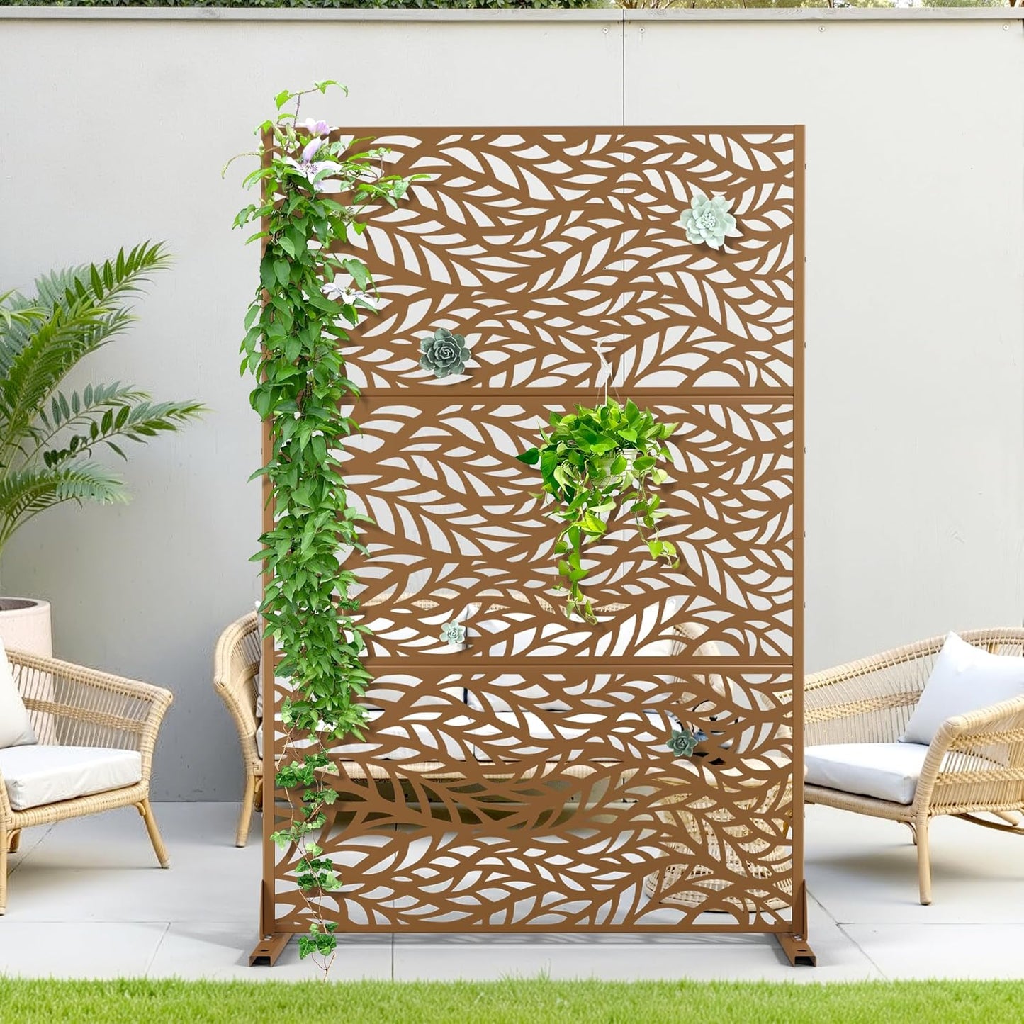 Metal Privacy Screen Outdoor Privacy Screen, Freestanding Fence Panel for Outside, 72''H×47''W, Decorative Screen Panel for Backyard/Patio/Deck