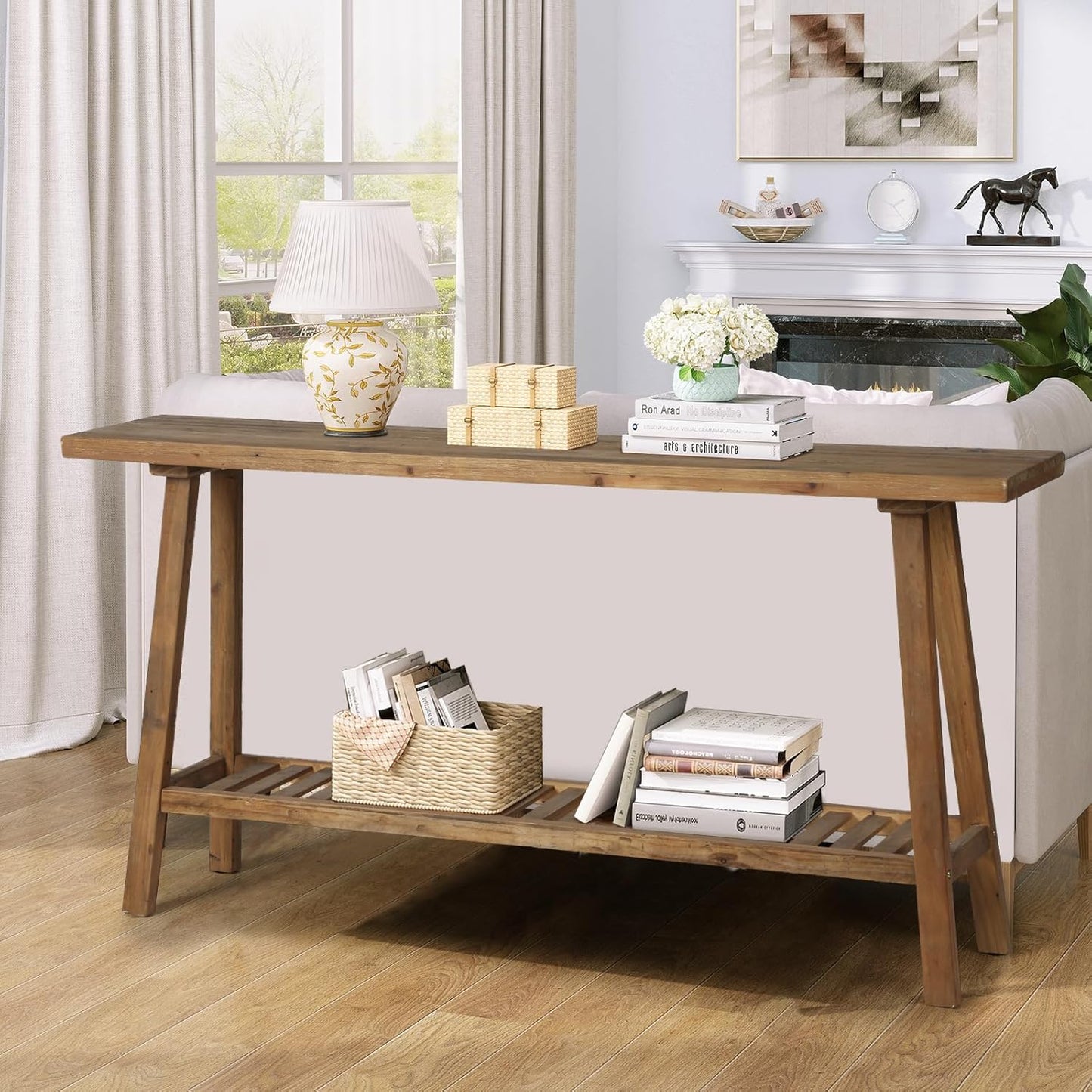 Reclaimed Solid Wood Console Table, 59" Long Farmhouse Entryway Tables, Rectangular Couch Table Behind Sofa, 2 Tiers Accent Tables for Hallway, Entrance, Foyer, Living Room