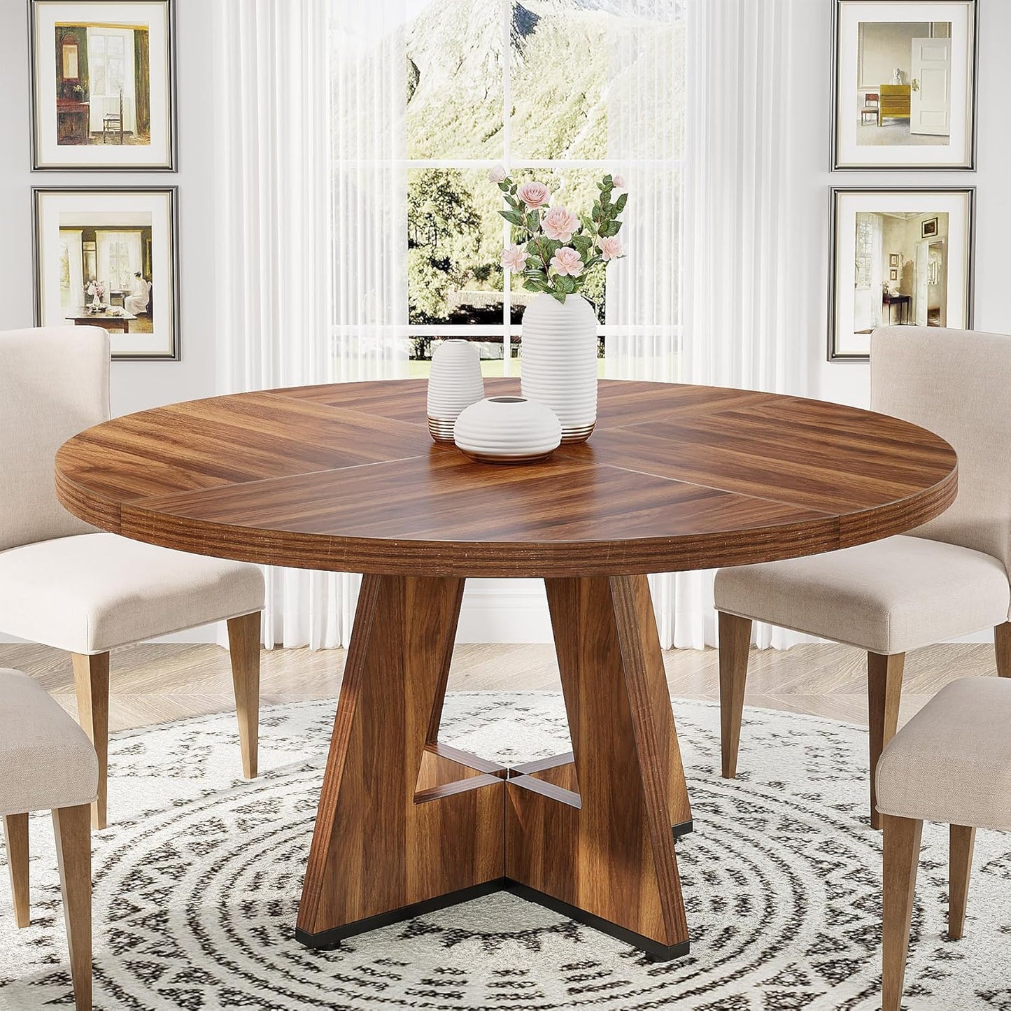 Tribesigns Round Dining Table Wood Kitchen Table for Dining Room, 47" Dinning Room Tables for 4 Adult, Farmhouse Dinner Table with Wooden Tabletop and Cross Base, Burlywood