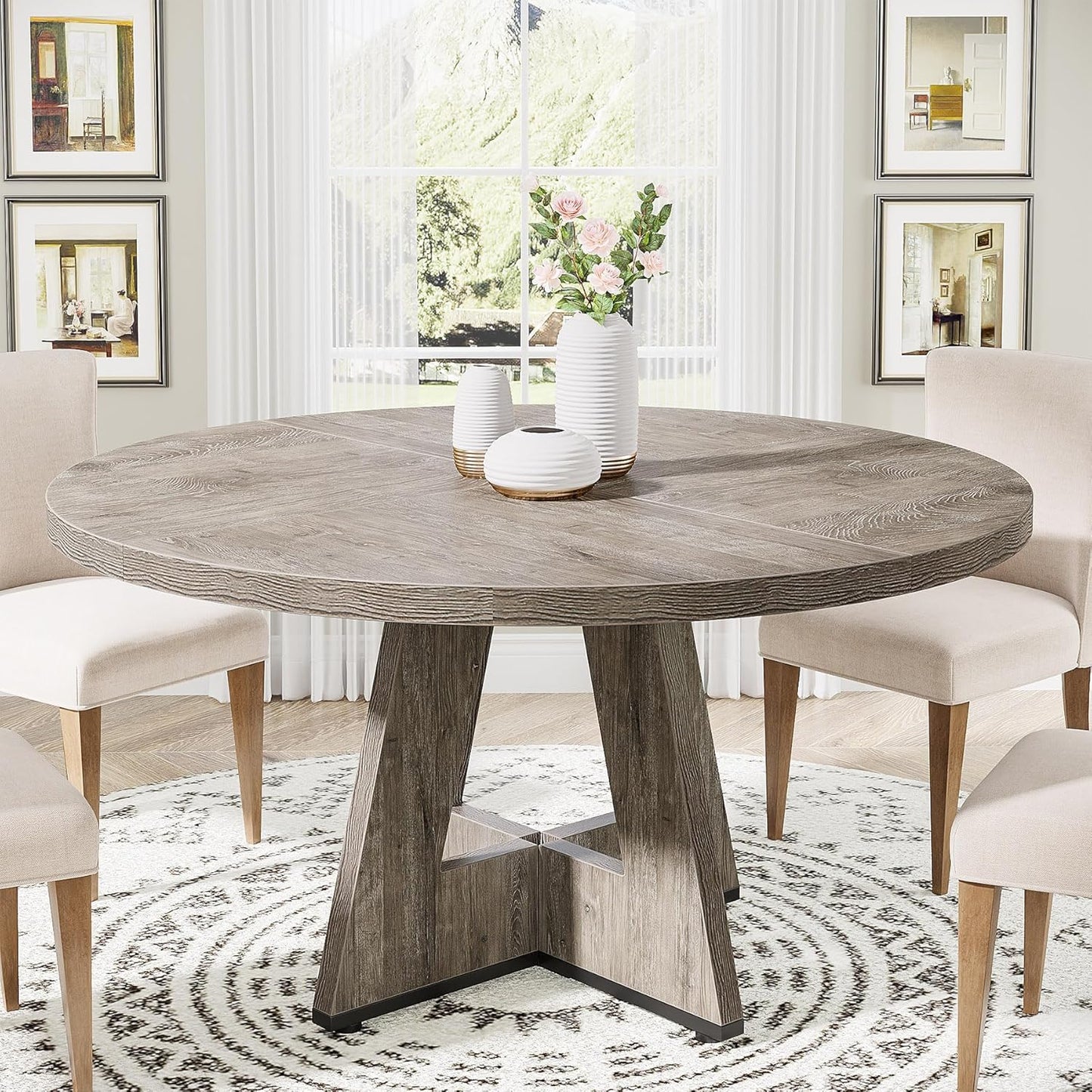 Tribesigns Round Dining Table Wood Kitchen Table for Dining Room, 47" Dinning Room Tables for 4 Adult, Farmhouse Dinner Table with Wooden Tabletop and Cross Base, Burlywood