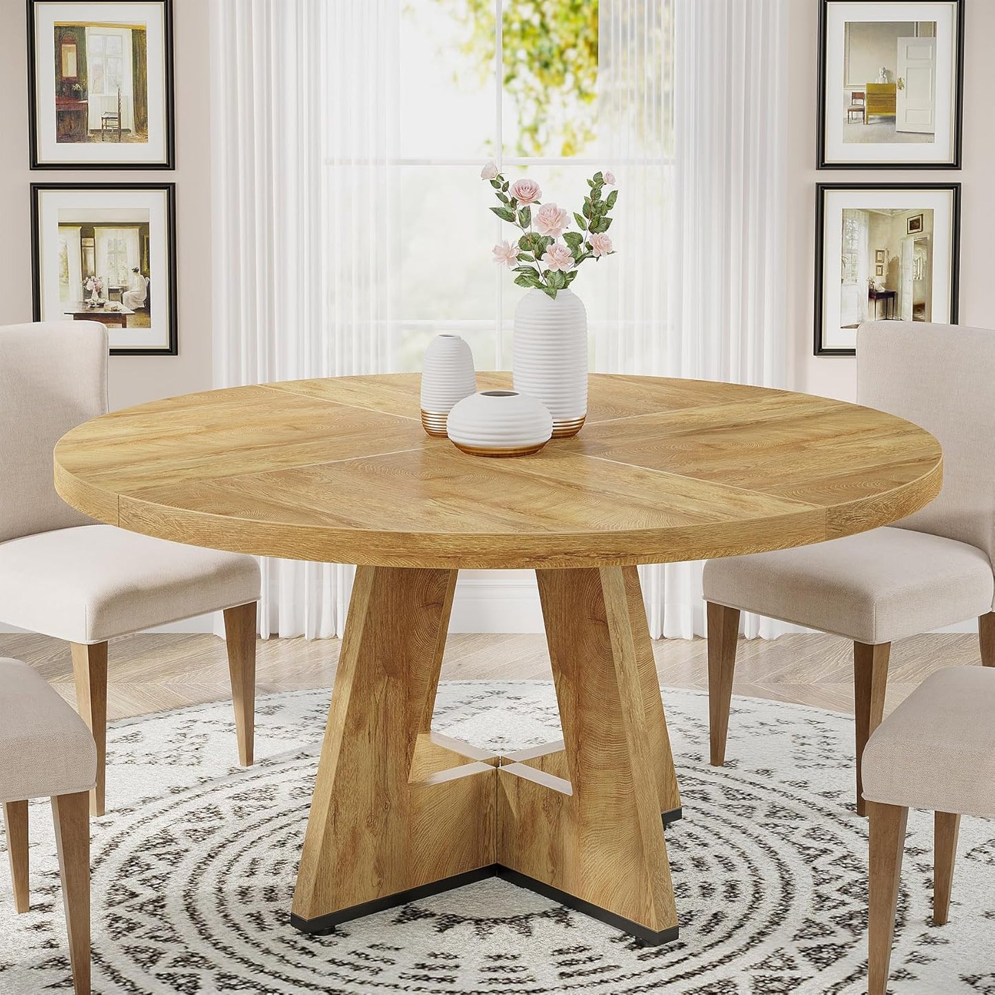 Tribesigns Round Dining Table Wood Kitchen Table for Dining Room, 47" Dinning Room Tables for 4 Adult, Farmhouse Dinner Table with Wooden Tabletop and Cross Base, Burlywood