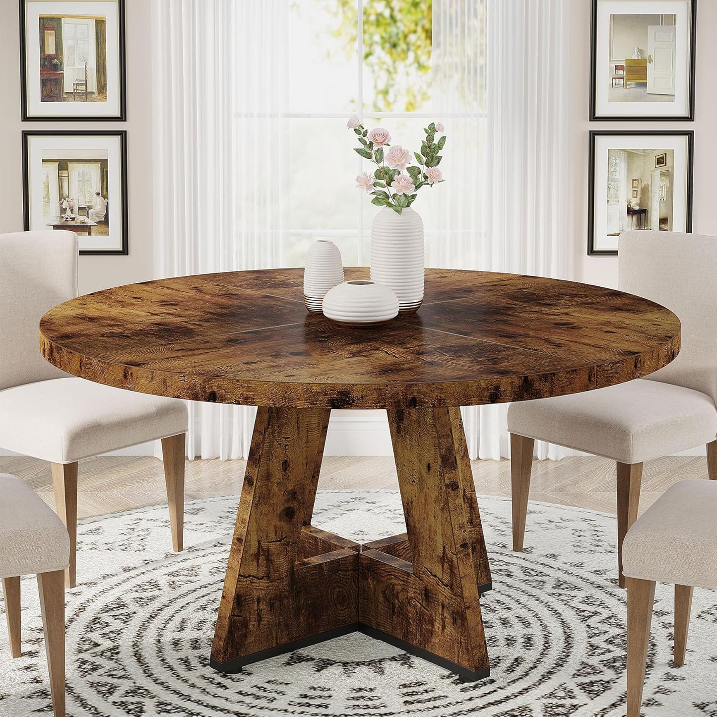 Tribesigns Round Dining Table Wood Kitchen Table for Dining Room, 47" Dinning Room Tables for 4 Adult, Farmhouse Dinner Table with Wooden Tabletop and Cross Base, Burlywood
